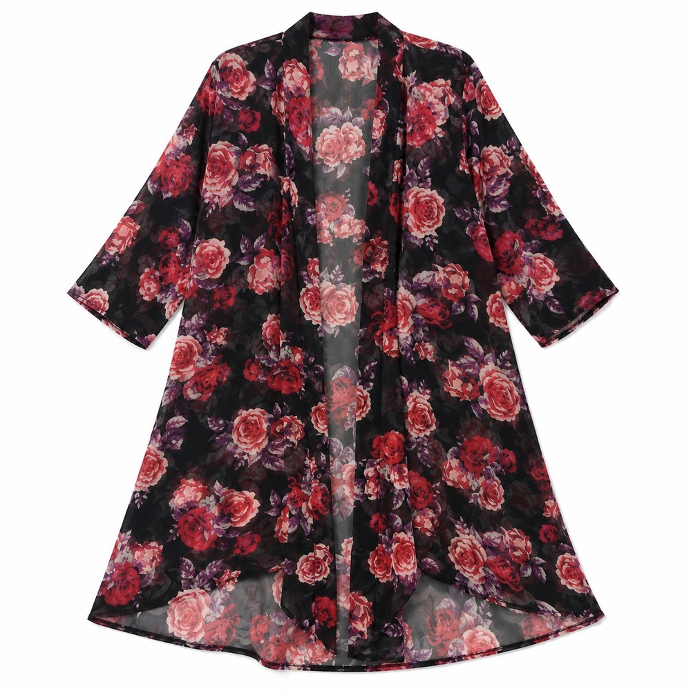Double Take Floral Duster Womens Medium Black Sheer Mesh Whimsigoth Laying Robe